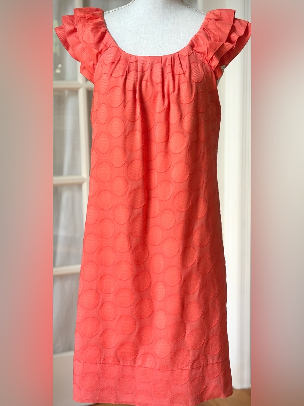 Rabbit Designs Coral Polka Dot Ruffle Sleeve Shift Dress Cotton Size 10